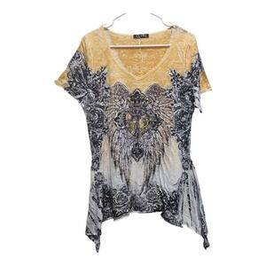 Urban X Boho Angel Wings Burnout Asymmetrical Top Women’s L Yellow Graphic